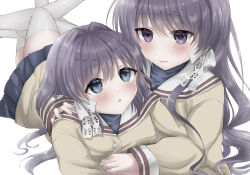 Rule 34 | 2girls, blazer, blue eyes, blue skirt, blush, clannad, commentary, eyelashes, eyes visible through hair, feet out of frame, fujibayashi kyou, fujibayashi ryou, hair between eyes, hair intakes, hair ribbon, hair spread out, hand on another&#039;s shoulder, highres, hikarizaka private high school uniform, holding hands, hug, jacket, long hair, long sleeves, looking at another, lying, medium hair, miniskirt, multiple girls, on side, open mouth, pleated skirt, purple eyes, ribbon, sailor collar, school uniform, serafuku, siblings, simple background, sisters, skirt, smile, thighhighs, tress ribbon, twins, user vkcr5455, white background, white ribbon, white sailor collar, white thighhighs, yellow jacket, zettai ryouiki
