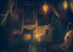 basket bottle cape curtains food halloween hat herb highres jack-o&#039;-lantern lantern mask mouse_(animal) original pumpkin ryuusei_asuka signature skeleton skull snack sweets witch witch_hat