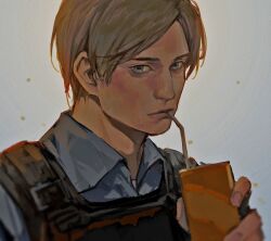 Rule 34 | 1boy, arm up, black vest, blonde hair, blue eyes, blue shirt, bulletproof vest, closed mouth, collared shirt, commentary, drinking straw, drinking straw in mouth, hair behind ear, hashtag-only commentary, highres, holding, holding juice box, jianghesongmu, juice, juice box, layered clothes, leon s. kennedy, looking ahead, male focus, parted bangs, resident evil, resident evil 2, resident evil 2 (remake), shirt, simple background, solo, upper body, vest, white background, wing collar