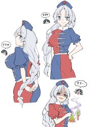 2girls blue_dress blue_eyes blush_stickers braid breasts closed_mouth commentary cross deetamu dress erlenmeyer_flask evil_smile flask grey_hair hand_on_own_hip hat highres holding holding_flask holding_test_tube houraisan_kaguya large_breasts long_hair multicolored_dress multiple_girls multiple_views nurse_cap open_mouth pink_shirt red_cross red_dress shaded_face shirt short_sleeves smile smoke speech_bubble test_tube touhou translated trembling two-tone_dress very_long_hair yagokoro_eirin