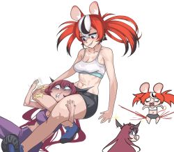 2girls animal_ears bike_shorts black_hair blood blue_eyes hakos_baelz headlock highres hololive hololive_english horns irys_(hololive) leg_lock long_hair midriff mouse_ears multicolored_hair multiple_girls open_mouth pants pointy_ears purple_hair red_hair smile sports_bra streaked_hair tank_top tap_out twintails virtual_youtuber white_hair yoga_pants zedd_(zedgawr)
