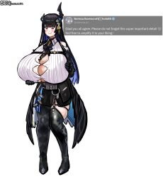 1girl absurdres argyle_clothes argyle_pantyhose asymmetrical_horns black_gloves black_hair black_horns black_pantyhose black_sleeves black_thighhighs blaparky blue_hair breasts colored_inner_hair fur-trimmed_sleeves fur_trim gigantic_breasts gloves highres hololive hololive_english horns multicolored_hair nerissa_ravencroft nerissa_ravencroft_(1st_costume) pantyhose red_eyes screenshot_inset single_leg_pantyhose single_thighhigh solo sweat thighhighs twitter twitter_screenshot uneven_horns virtual_youtuber