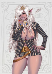 1girl 2017 areola_slip artist_name belt belt_buckle bra bra_visible_through_clothes bracelet braid breasts breasts_out buckle bursting_breasts business_suit cleavage curvy dark-skinned_female dark_elf dark_skin earrings elf female_focus fingernails formal_clothes gradient_background green_eyes hair_ornament hand_on_own_hip huge_breasts impossible_clothes jewelry large_areolae lips lipstick long_hair looking_at_viewer makeup microskirt minidress miniskirt mole mole_under_eye nail_polish navel necklace open_clothes original panties pantyshot parted_lips pink_nails pointy_ears revealing_clothes ring shiny_skin signature silver_hair skindentation skirt smile solo standing suit tatsunami_youtoku unbuttoned unbuttoned_shirt underwear upskirt white_bra white_panties