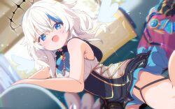 1girl :d angel angel_wings black_halo black_skirt blue_bow blue_bowtie blue_eyes blue_hair blurry blurry_background blush bow bowtie breasts commission couch detached_wings dress hair_between_eyes hair_ornament halo highres indoors long_hair looking_at_viewer medium_hair mini_wings multicolored_hair open_mouth original shiro9jira shirt sidelocks sitting skeb_commission skirt sleeveless sleeveless_shirt smile solo sparkle star_(symbol) star_hair_ornament streaked_hair thigh_strap virtual_youtuber white_hair white_shirt wings