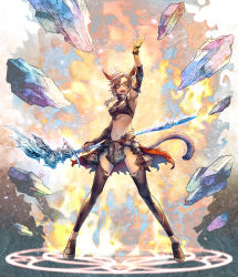 1girl absurdres animal_ears arm_up black_legwear black_mage_(final_fantasy) blue_eyes bracelet breasts brown_hair cat_ears cat_tail facial_mark final_fantasy final_fantasy_xiv glasses halterneck highres holding holding_staff jewelry magic_circle medium_breasts midriff miqo&#039;te navel open_mouth short_hair shukei slit_pupils solo staff standing standing_on_magic_circle tail warrior_of_light_(ff14) whisker_markings