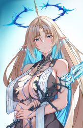 1girl absurdres bare_shoulders black_collar blue_eyes blush breasts cabbage_ex cleavage collar colored_inner_hair commentary crown_of_thorns fleurdelys_(wuthering_waves) floating_crown gradient_background highres horns large_breasts long_horns looking_at_viewer multicolored_hair pointy_ears single_horn solo tabard tacet_mark_(wuthering_waves) white_tabard wuthering_waves yellow_horns