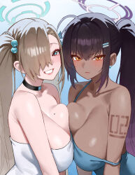 2girls ahoge arm_tattoo asuna_(blue_archive) black_choker black_hair blonde_hair blue_archive blue_eyes breast_press breasts choker closed_mouth dark-skinned_female dark_skin earrings grin hair_ornament halo jewelry karin_(blue_archive) kono_(xerondan321) large_breasts long_hair looking_at_viewer multiple_girls ponytail smile strap_slip symmetrical_docking tattoo teeth twintails v-shaped_eyebrows very_long_hair yellow_eyes