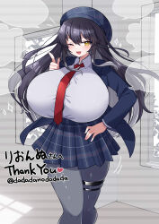 :d black_hair blue_jacket blue_skirt blush borrowed_character breasts dadadanoda grey_shirt huge_breasts indoors jacket looking_at_viewer necktie open_mouth original pointing pointing_at_viewer red_necktie shirt skirt smile speech_bubble thigh_strap thighhighs yellow_eyes