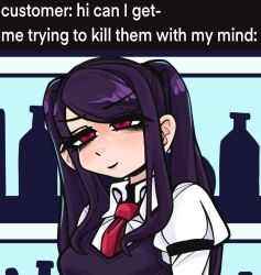 1girl bags_under_eyes bar_(place) bartender black_vest bottle breasts closed_mouth collared_shirt english_text false_smile jill_stingray kecchi0 long_hair long_sleeves medium_breasts necktie purple_hair red_eyes red_necktie shirt smile solo swept_bangs upper_body v-shaped_eyebrows va-11_hall-a vest