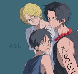 3boys arm_tattoo black_hair blonde_hair brothers closed_mouth freckles hair_between_eyes highres jewelry male_focus monkey_d._luffy multiple_boys necklace one_piece pachi1014813 pearl_necklace portgas_d._ace sabo_(one_piece) scar scar_on_face shirt siblings simple_background sleeveless sleeveless_shirt tattoo upper_body