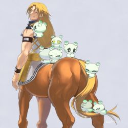 +_+ 1boy ^_^ arm_strap blonde_hair blue_scarf centaur chiron_(fate) closed_eyes creature creature_on_shoulder curtained_hair facing_back facing_viewer fate/grand_order fate_(series) feet_out_of_frame from_behind grey_background holding_tail horseback_riding con_(fate) long_hair male_focus mayuhiko3310 on_shoulder parted_lips riding sash scarf sitting sleeveless smile standing tail taur toned toned_male tunic white_tunic yellow_sash