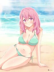 1girl beach bikini blush breasts cleavage hair_ornament hairclip highres kotobuki_minami large_breasts navel oshi_no_ko pink_eyes pink_hair satya side-tie_bikini_bottom sitting swimsuit