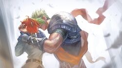 Rule 34 | 1boy, 1girl, achilles (fate), ahoge, ao (en6gtl), armor, belt, belt buckle, black belt, black shirt, blurry, buckle, chaldea uniform, depth of field, falling feathers, fate/grand order, fate (series), feathers, food, food in mouth, from side, fujimaru ritsuka (female), gauntlets, grabbing another&#039;s chin, green hair, hand on another&#039;s chin, hand up, hands up, hetero, highres, holding another&#039;s wrist, imminent kiss, jacket, long sleeves, looking at another, mouth hold, muscular, muscular male, orange hair, orange sash, parted lips, pauldrons, pocky, pocky day, pocky in mouth, sash, shared food, shirt, short hair, short sleeves, shoulder armor, shoulder sash, undercut, upper body, white jacket
