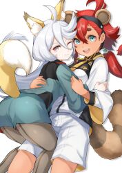 2girls animal_ears asticassia_school_uniform black_hairband black_pantyhose blue_eyes closed_mouth commentary_request fox_ears fox_girl fox_tail green_jacket green_shorts grey_eyes gundam gundam_suisei_no_majo hairband hand_on_another&#039;s_arm hand_on_another&#039;s_back highres jacket kemonomimi_mode leg_between_thighs long_hair long_sleeves miorine_rembran mobile_suit_gundam multiple_girls one_eye_closed open_mouth pantyhose pariya_0001 ponytail raccoon_ears raccoon_girl raccoon_tail red_hair school_uniform shorts simple_background smile suletta_mercury tail thick_eyebrows white_background white_hair white_jacket white_shorts yuri