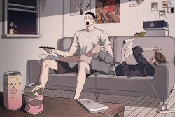 2boys bishounen black_eyes black_hair black_shirt black_shorts brown_eyes brown_hair buzz_cut cellphone charger controller couch couple crushed_can dreamcatcher earrings full_body grey_shorts hand_on_another&#039;s_leg highres holding holding_paper holding_remote_control indoors jewelry leg_on_another&#039;s_leg long_sleeves lying male_focus miyagi_ryouta multiple_boys nolja_cz on_back on_couch open_mouth paper phone poster_(object) reading remote_control sawakita_eiji shirt shoe_box short_hair shorts sitting slam_dunk_(series) slice_of_life smartphone socks soda stud_earrings table teardrop undercut very_short_hair wavy_hair white_shirt white_socks window yaoi yawning