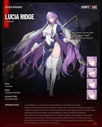 ^_^ boots braid breast_curtains breasts character_name character_profile cleavage cleavage_cutout closed_eyes clothing_cutout copyright_name counter:side diamond_cutout earrings english_text eye_symbol full_body furrowed_brow grin hair_between_eyes highres holding holding_mace holding_weapon jewelry juliet_sleeves legs long_hair long_sleeves long_veil looking_at_viewer lucia_ridge mace multiple_expressions nun official_art pelvic_curtain projected_inset promotional_art puffy_sleeves purple_eyes skindentation smile spiked_mace spikes standing teeth thighhighs thighs upper_teeth_only v-shaped_eyebrows veil very_long_hair weapon white_boots white_thighhighs yellow_eyes