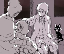 1boy 2girls aged_down artesia_som_deikun astraia_tor_deikun brother_and_sister casval_rem_deikun cat char_aznable child dress formal_clothes gundam mobile_suit_gundam mobile_suit_gundam_the_origin monochrome mother_and_daughter mother_and_son multiple_girls sayla_mass shorts siblings suit ume-bayashi