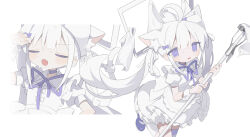Rule 34 | 1girl, ahoge, animal ear fluff, animal ears, apron, blush, bow, cat ears, cat girl, cat tail, closed eyes, daizu (melon-lemon), dress, frilled dress, frills, hair bow, highres, holding, holding mop, long hair, looking at viewer, mary janes, mop, multiple views, neck ribbon, open mouth, original, panties, parted lips, puffy short sleeves, puffy sleeves, purple bow, purple eyes, purple ribbon, purple shoes, ribbon, shoes, short sleeves, sweat, tail, twintails, underwear, unworn panties, white apron, white background, white dress, white hair, white theme, wiping sweat, wrist cuffs