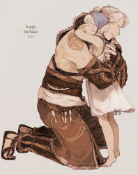 1boy 1girl armpits closed_mouth commentary_request dress english_text father_and_daughter feet grey_background happy_birthday highres maeka_(kumaekake) nier nier_(father) nier_(series) short_hair simple_background smile white_hair yonah