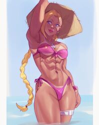 Rule 34 | 1girl, abs, bikini, blonde hair, blue eyes, blue sky, braid, breasts, cammy white, dlusionalx, earrings, hat, highres, jewelry, lips, looking to the side, muscular, muscular female, scar, scar on face, sky, straw hat, street fighter, street fighter 6, swimsuit, tan, tanline, water