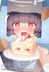 1girl absurdres black_hair blue_archive blush bright_pupils cake cake_slice commentary_request fingernails food fruit grey_halo halo happy_birthday highres holding holding_plate in_container in_trash_can leaf long_hair looking_at_viewer miyu_(blue_archive) nose_blush open_mouth plate pov pov_hands red_eyes strawberry strawberry_shortcake surprised tokcha trash_can white_background white_pupils