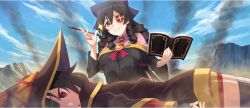 Rule 34 | 2girls, arue (konosuba), bandaged leg, bandages, black cloak, black gloves, black hat, black robe, black thighhighs, blue sky, book, bow, breasts, brown hair, cloak, closed mouth, cloud, cloudy sky, collared dress, diagonal-striped clothes, diagonal-striped necktie, dress, drill hair, drill sidelocks, eyepatch, fingerless gloves, game cg, gloves, hair between eyes, hair bow, hat, highres, holding, holding book, holding pen, kono subarashii sekai ni shukufuku wo!, konosuba! fantastic days, large bow, large breasts, long hair, long sleeves, looking at another, lying, megumin, multiple girls, necktie, off shoulder, official art, on stomach, open book, orange necktie, outdoors, pen, pink dress, purple bow, red dress, red eyes, red necktie, red prison magic school uniform, robe, school uniform, short dress, short hair, sidelocks, single thighhigh, sky, smile, smoke, sparkle, squatting, striped clothes, thighhighs, triangle mouth, two-tone necktie, witch hat, zettai ryouiki