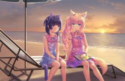 2girls animal_ear_fluff animal_ear_hairband animal_ears beach beach_umbrella bell between_legs blue_hair blush bow cat_ear_hairband cat_ears cat_girl cat_tail chair clothes_writing cloud dress dress_bow english_text fake_animal_ears fake_tail food-themed_hair_ornament fraise_(nekopara) game_cg green_eyes hair_ornament hair_scrunchie hairband hand_between_legs highres horizon long_hair looking_at_another looking_to_the_side lounge_chair medium_hair minazuki_shigure multicolored_dress multiple_girls nail_polish neck_bell nekopara non-web_source ocean official_art outdoors pink_hair pink_nails purple_eyes sand sayori_(neko_works) scrunchie sitting sunset sweat tail umbrella water wrist_scrunchie yellow_nails