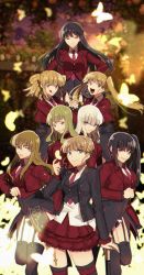 6+girls absurdres alternate_costume asmodeus_(umineko) beatrice_(umineko) beelzebub_(umineko) belphegor_(umineko) blazer blonde_hair blue_eyes braid braided_bun bug butterfly cane collared_shirt frilled_skirt frills garter_straps hair_bun highres insect jacket leotard leotard_under_clothes leviathan_(umineko) lucifer_(umineko) mammon_(umineko) momoka_(abc_momoka0718) multiple_girls necktie pink_necktie red_eyes red_skirt satan_(umineko) shirt showgirl_skirt sisters_of_purgatory skirt stakes_of_purgatory striped_clothes striped_legwear striped_thighhighs thighhighs umineko_no_naku_koro_ni vest waistcoat