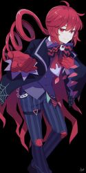 1boy ahoge black_background bow chain drill_hair drill_ponytail feet_out_of_frame genderswap gloves halloween_costume hand_on_own_chest highres jacket kasane_ted kasane_teto long_hair necktie official_alternate_costume open_clothes open_jacket outstretched_arms pants reaching reaching_towards_viewer red_bow red_eyes red_gloves red_hair red_necktie sato_(r017xts117) signature silk simple_background smile spider_web striped_bow striped_clothes striped_pants utau