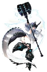 Rule 34 | 1girl, absurdres, armored boots, ass, black gloves, black panties, black ribbon, blue eyes, boots, breasts, closed mouth, collared dress, commentary, detached sleeves, dragon girl, dragon tail, dress, electricity, floating hair, gloves, grey hair, hair between eyes, helmet, high heel boots, high heels, highres, holding, holding weapon, huge weapon, large tail, long hair, looking at viewer, mole, mole on ass, neck ribbon, original, panties, paringgg, ribbon, sideless dress, simple background, small breasts, solo, tail, underwear, weapon, white background, white dress, white sleeves