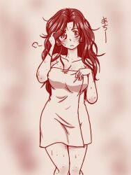Rule 34 | 1girl, after bathing, alternate hairstyle, blush, girls und panzer, hair down, hand on own chest, hand on own head, long hair, monochrome, naked towel, takahashi kurage, towel, translation request, wet, wet hair, yuri (girls und panzer)