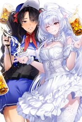 1boy 1girl :q absurdres bandana bandana_around_neck beer_mug black_hair black_shirt blue_eyes blue_hat blue_skirt character_request check_character commentary_request cowboy_shot crossdressing cup dress fate/grand_order fate_(series) frilled_dress frills fujimaru_ritsuka_(male) hairband hat highres lady_avalon_(fate) looking_at_viewer merlin_(fate/prototype) mug multiple_girls muneomon_(takomon) one_eye_closed pink_eyes red_bandana shirt skirt thighhighs tongue tongue_out twintails white_dress white_hair white_hairband white_thighhighs wrist_cuffs
