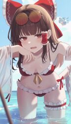 2girls absurdres bikini blue_sky bow brown_eyes brown_hair cirno cloud commentary_request cowboy_shot detached_sleeves eyewear_on_head frilled_bikini frilled_bow frilled_hair_tubes frilled_thigh_strap frills hair_bow hair_tubes hakurei_reimu hand_on_own_cheek hand_on_own_face hand_on_own_hip highres leaning_forward long_hair looking_at_viewer maka_(user_rryf2748) multiple_girls navel open_mouth outdoors red_bikini red_bow ribbon-trimmed_sleeves ribbon_trim round_eyewear sky solo_focus sunglasses swimsuit thigh_strap touhou wading water wet white_sleeves wide_sleeves