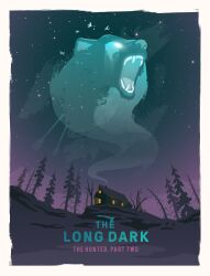 absurdres arrow_(projectile) arrow_in_body aurora axe bare_tree bear bird chimney copyright_name fangs highres house mikalaimanyshau night night_sky no_humans open_mouth rock scenery sky smoke snow star_(sky) starry_sky the_long_dark tree window winter