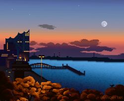 aircraft airplane animated animated_gif artist_name building cloud evening full_moon gradient_sky harbor lamppost looping_animation moertel moon moon_in_daylight no_humans original outdoors pixel_art scenery simple_bird sky water