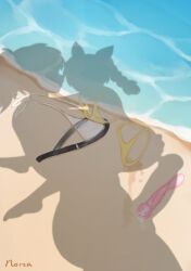 1futa 1girl absurdres beach bikini condom cum dressed_shadow_(meme) fawn_(norza) futa_with_female futanari highres implied_after_sex meme norza original pussy_juice sand scarlet_(norza) shadow silhouette swimsuit unworn_bikini used_condom
