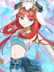 1girl aqua_eyes bare_shoulders black_horns blue_background blue_brooch blue_skirt blurry blurry_background breasts brooch commentary_request crop_top detached_sleeves fake_horns genshin_impact harem_outfit highres horns jewelry long_hair low_twintails midriff navel nilou_(genshin_impact) red_hair skirt small_breasts smile solo taki_htr twintails upper_body veil white_sleeves white_veil