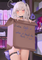 1girl absurdres ahoge animal_ears artificial_vagina bell blush box cardboard_box censored collarbone cuffs dildo english_text extra_ears grey_hair handcuffs highres long_hair neck_bell niliu_chahui novelty_censor original pink_eyes pussy_juice remote_control_vibrator sex_toy solo tail vibrator