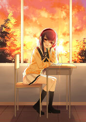 1girl absurdres against_desk black_bow black_bowtie black_hair black_hairband black_socks blush book bow bowtie cardigan chair cloud cloudy_sky desk hair_between_eyes hair_over_shoulder hairband hand_on_own_face hand_up highres indoors kimi_to_kanojo_to_kanojo_no_koi. kneehighs kokosen loafers long_hair looking_at_viewer nitroplus on_chair open_book pleated_skirt pocket sailor_collar school_chair school_desk school_uniform serafuku shoes sitting skirt sky smile socks solo sone_miyuki straight_hair sunlight sunset tile_floor tiles tree white_sailor_collar white_serafuku white_skirt window yellow_cardigan