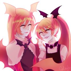 2girls black_dress cali-nyh demon_girl dress funamusea haiiro_teien long_hair multiple_girls pink_dress pink_hair pointy_ears ponytail raspbel_preserves rawberry_preserves siblings sisters