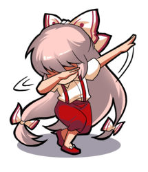 1girl bow chinese_commentary commentary_request dab_(dance) female_focus fujiwara_no_mokou full_body hair_bow jokanhiyou long_hair lowres pants pink_hair red_pants red_shoes shirt shoes short_sleeves simple_background solo standing suspenders touhou very_long_hair white_background white_bow white_shirt