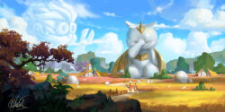 Rule 34 | 2girls, blue sky, chinnkun, cloud, cloudy sky, fantasy, from behind, heimerdinger, landscape, league of legends, multiple girls, painterly, rock, sheep, signature, sky, statue, tree, village, wheat, wheat field