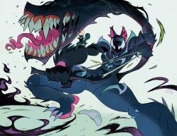 1girl animal_ears bodysuit claws fangs flancortes highres large_tail long_tongue marvel marvel_rivals mask official_alternate_costume sharp_teeth slingshot_(weapon) squirrel squirrel_ears squirrel_girl squirrel_girl_(marvel) squirrel_girl_(symbiote_squirrel)_(marvel) squirrel_tail symbiote tail tail_mouth teeth tippy-toe tongue