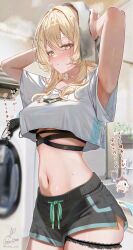 1girl alternate_costume armpit_peek armpits arms_up bad_id bad_twitter_id black_bra black_shorts blonde_hair blush bra breasts closed_mouth commentary_request contemporary cowboy_shot crop_top crop_top_overhang cup extreme_crop_top genshin_impact hair_between_eyes hair_intakes highres indoors kabu_usagi large_breasts looking_at_viewer lumine_(genshin_impact) midriff navel paid_reward_available print_shirt shirt short_hair short_hair_with_long_locks short_shorts shorts sidelocks signature solo steam stomach sweat toothbrush towel towel_on_head underwear unworn_bra washing_machine yellow_eyes