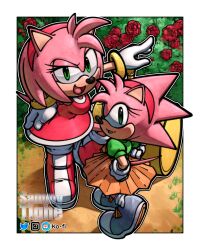 2girls absurdres amy_rose animal_ears artist_name blue_shoes boots border bracelet classic_amy commentary dress english_commentary eyelashes flower gold_bracelet green_dress green_eyes hairband hammer hedgehog_girl highres jewelry looking_at_viewer multiple_girls orange_skirt red_boots red_dress red_flower red_hairband red_rose rose sammytighe shoes skirt sonic_(series) white_border