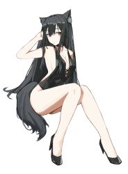 1girl absurdres animal_ear_fluff animal_ears arknights black_hair black_one-piece_swimsuit black_shoes breasts center_opening cleavage full_body hand_in_own_hair high_heels highres invisible_chair long_hair looking_at_viewer nek_(user_wakh7555) one-piece_swimsuit shoes sitting swimsuit texas_(arknights)