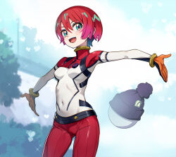 1girl amate_yuzuriha aqua_eyes beanie black_hat blush bodysuit breasts bush commentary covered_navel cowboy_shot gundam gundam_gquuuuuux hair_between_eyes haro hat heart looking_at_viewer mecha_pilot_suit medium_breasts multicolored_bodysuit non-humanoid_robot normal_suit_(gundam) nyoro_(nyoronyoro000) open_hands open_mouth outstretched_arms pom_pom_(clothes) pom_pom_beanie red_bodystocking red_hair robot short_hair skin_tight smile solo sparkle spread_arms standing white_bodysuit