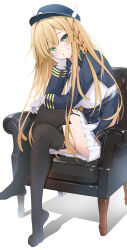 1girl azur_lane black_garter_straps black_thighhighs blonde_hair couch crossed_legs full_body garter_straps gloves green_eyes hat highres kongou_(azur_lane) long_hair long_sleeves looking_at_viewer no_shoes on_couch shadow simple_background sitting skirt smile solo thighhighs tomosuke white_background white_gloves white_mouth white_skirt