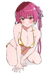 1girl absurdres bikini breasts cleavage closed_mouth collarbone earrings full_body gold_bikini gold_earrings hair_ornament hair_ribbon hairclip heart heart_earrings heterochromia highres hololive houshou_marine jewelry kneeling large_breasts looking_at_viewer mugi0913 red_eyes red_hair ribbon simple_background smile solo swimsuit twintails virtual_youtuber white_background yellow_eyes