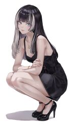 1girl absurdres alternate_costume ankle_strap armpit_crease bare_legs bare_shoulders black_dress black_hair black_shoes blue_eyes blunt_bangs bracelet breasts cleavage commentary_request crossed_arms dhbwinner dress high_heels highres hololive hololive_dev_is jewelry juufuutei_raden legs looking_at_viewer medium_breasts multicolored_hair necklace pink_lips shadow shoes simple_background sleeveless sleeveless_dress solo squatting strappy_heels two-tone_hair virtual_youtuber white_background white_hair